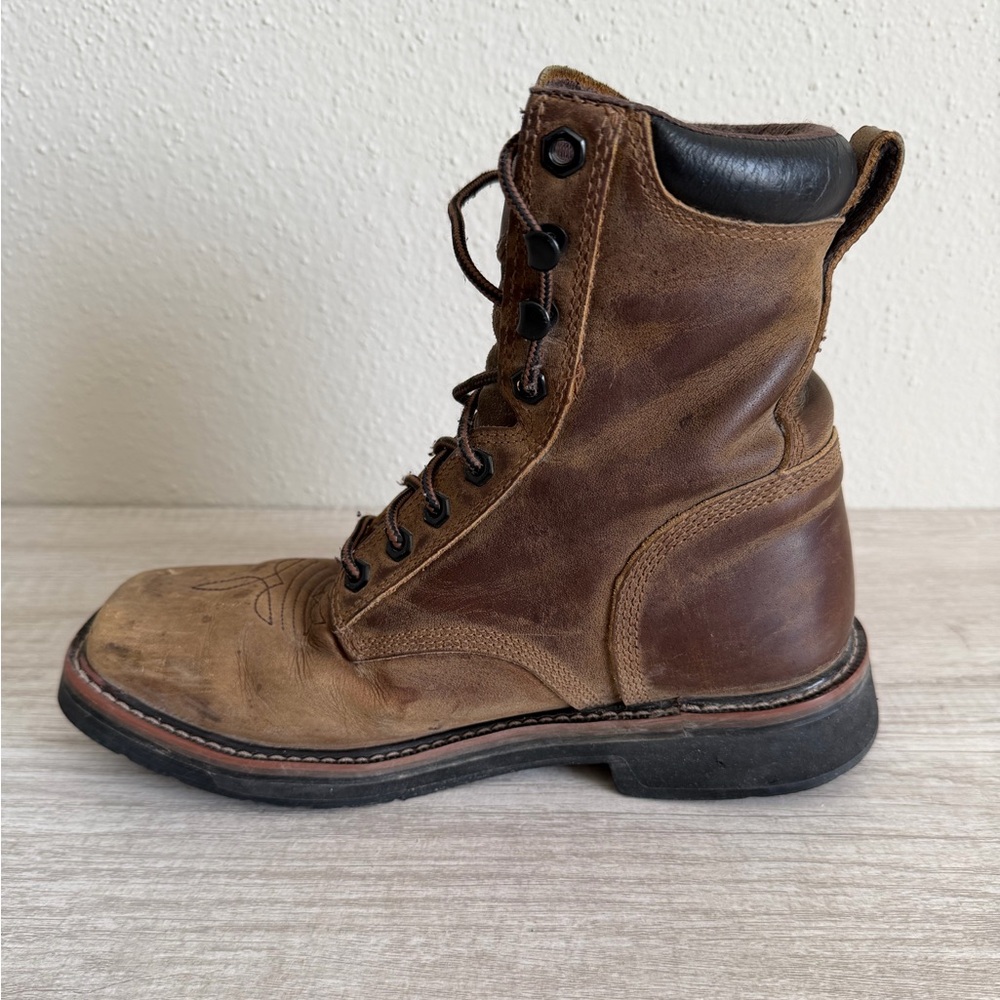 Justin Mens Pulley Brown Steel Toe Lace Up Western Work Boots SE682 size 6D - Picture 6 of 15